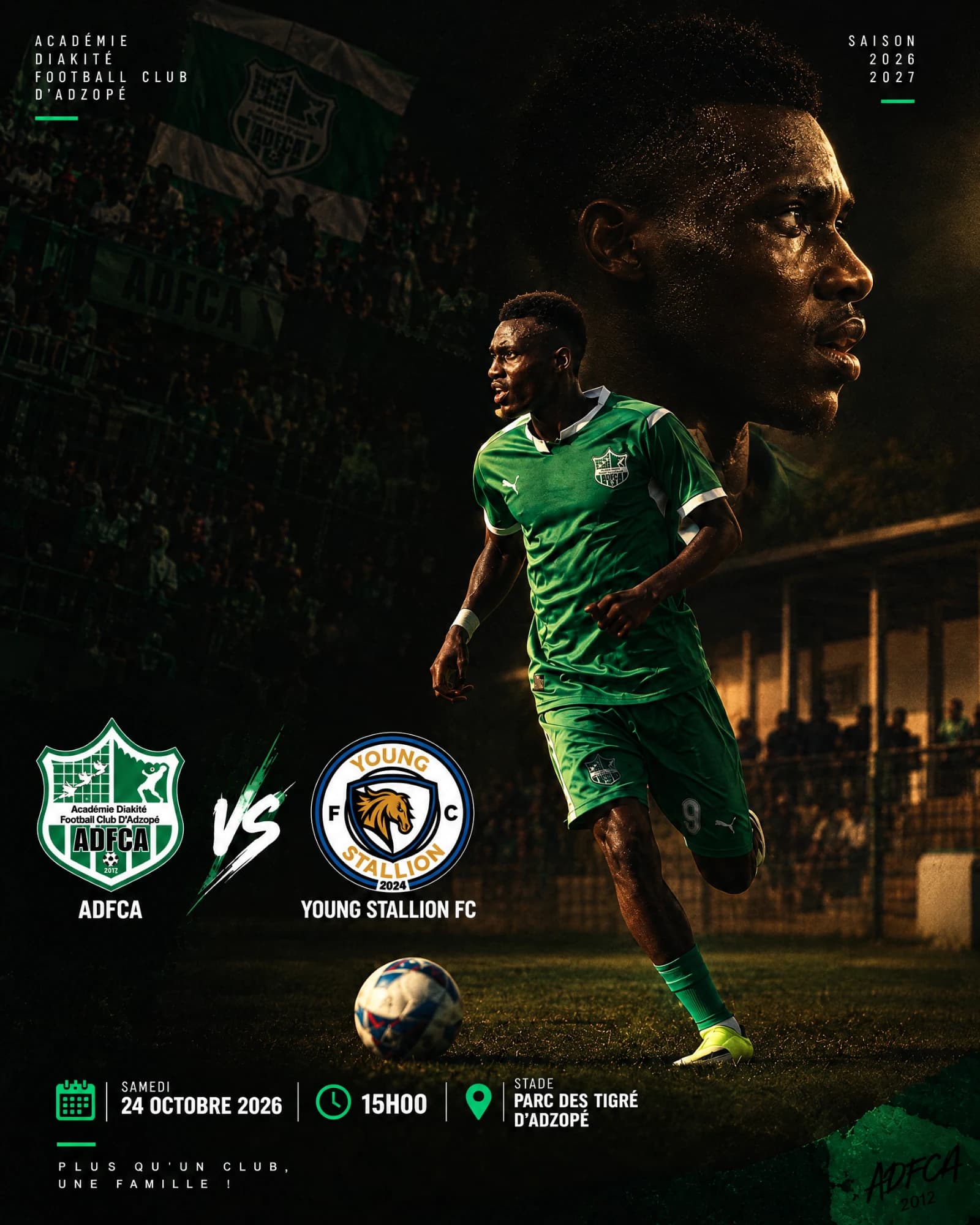 Affiche du match ADFCA – Young Stallion FC, samedi 24 octobre 2026 à 15h00, Parc des Tigré d'Adzopé