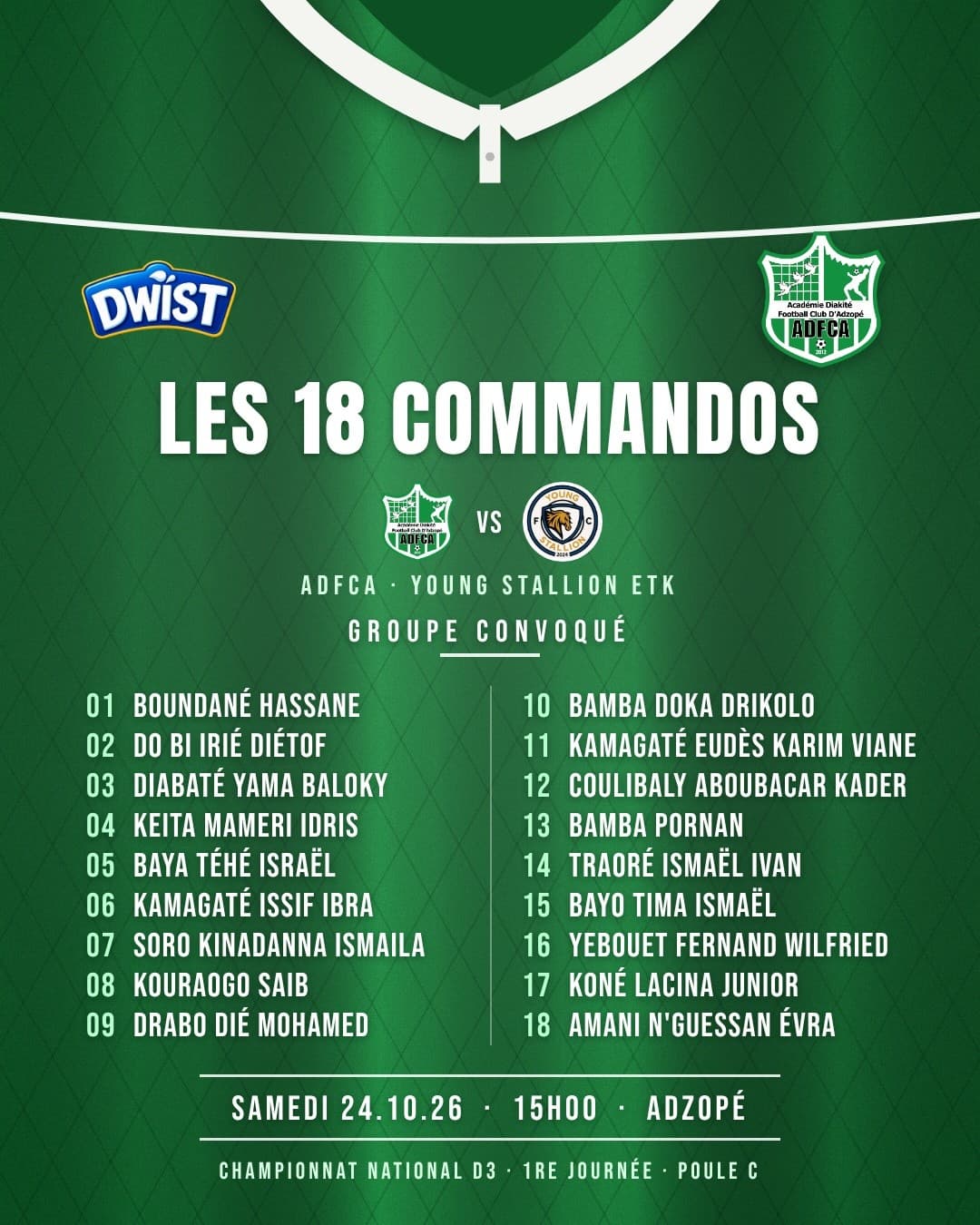 Visuel officiel : « Les 18 commandos », groupe convoqué pour ADFCA – Young Stallion ETK, samedi 24 octobre 2026 à 15h00