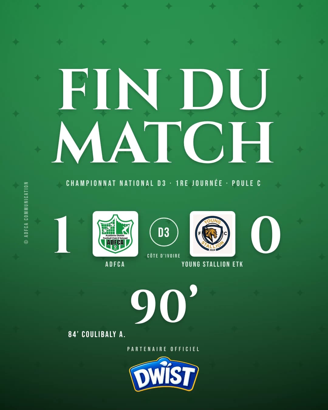 Visuel officiel de fin de match : ADFCA 1, Young Stallion ETK 0, 90 minutes, but de Coulibaly A. à la 84e minute
