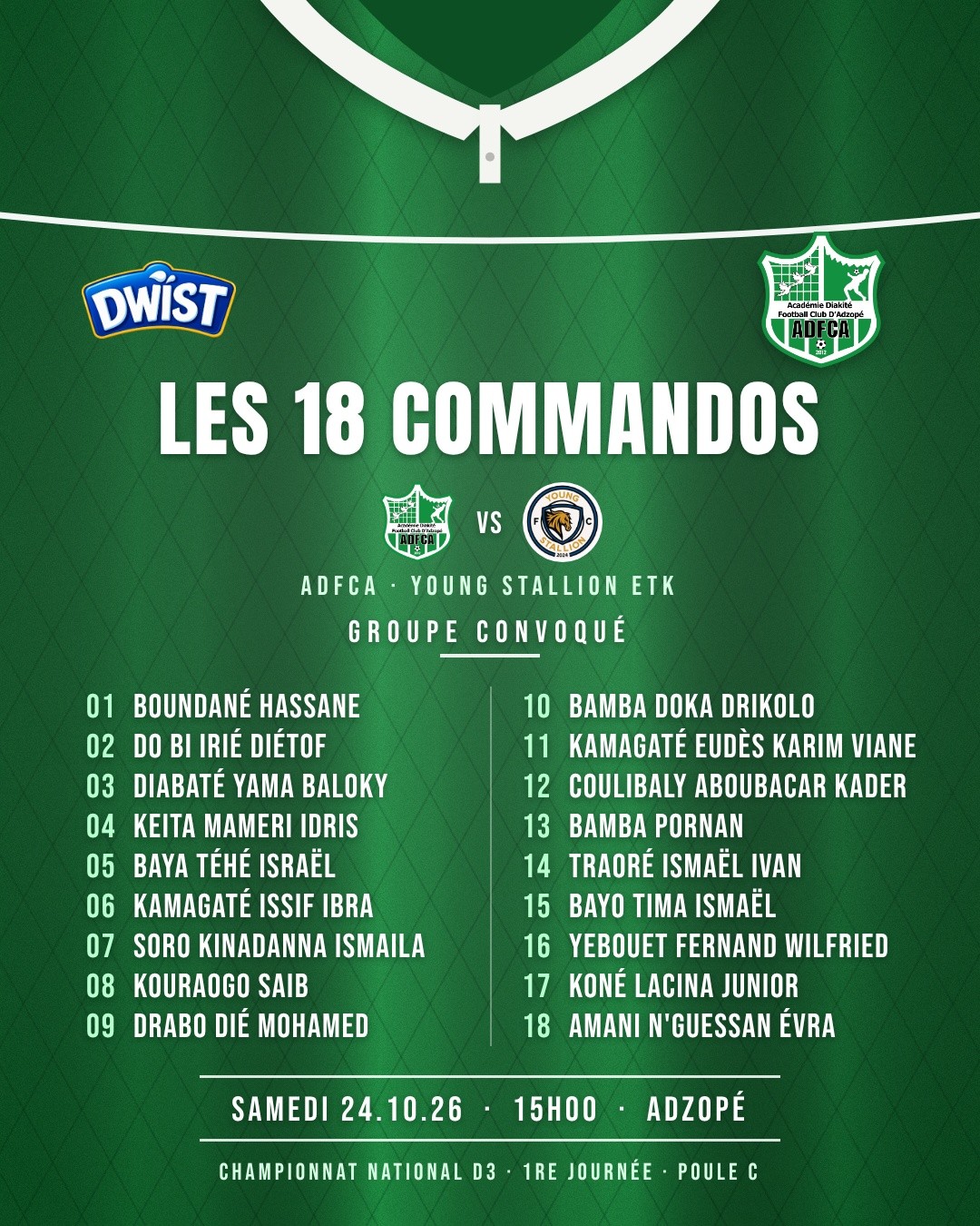 Visuel officiel : « Les 18 commandos », groupe convoqué pour ADFCA – Young Stallion ETK, samedi 24 octobre 2026 à 15h00