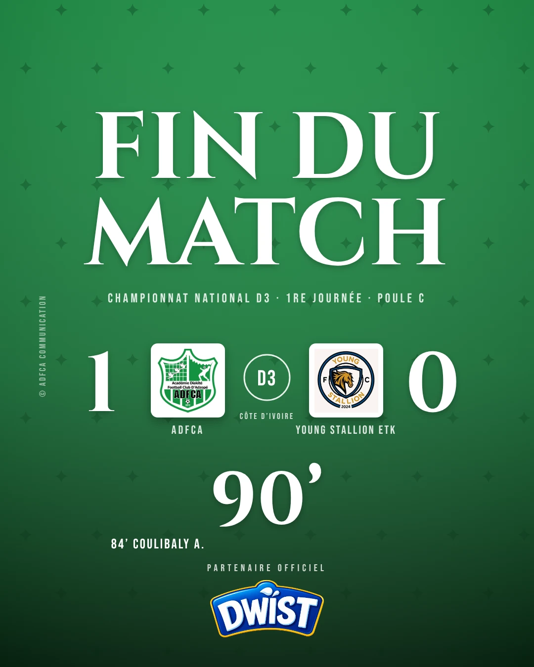 Visuel officiel de fin de match : ADFCA 1, Young Stallion ETK 0, 90 minutes, but de Coulibaly A. à la 84e minute